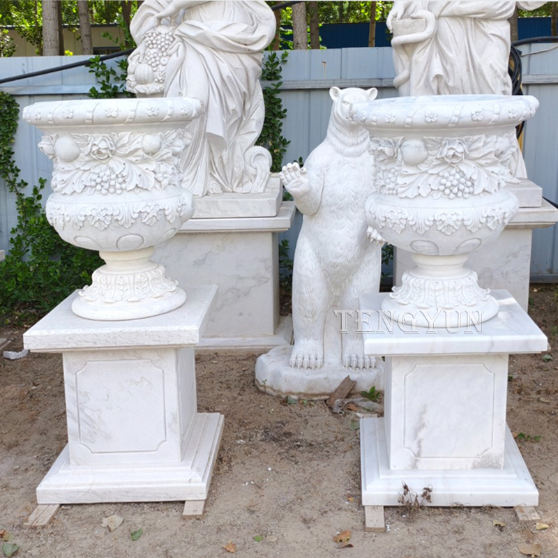 Classic white marble carved stone planter with pedestal