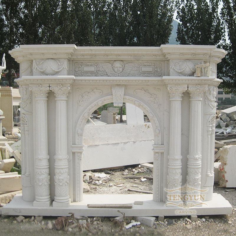 Continental cultured pillar carved marble fireplace mantel for sale (3)