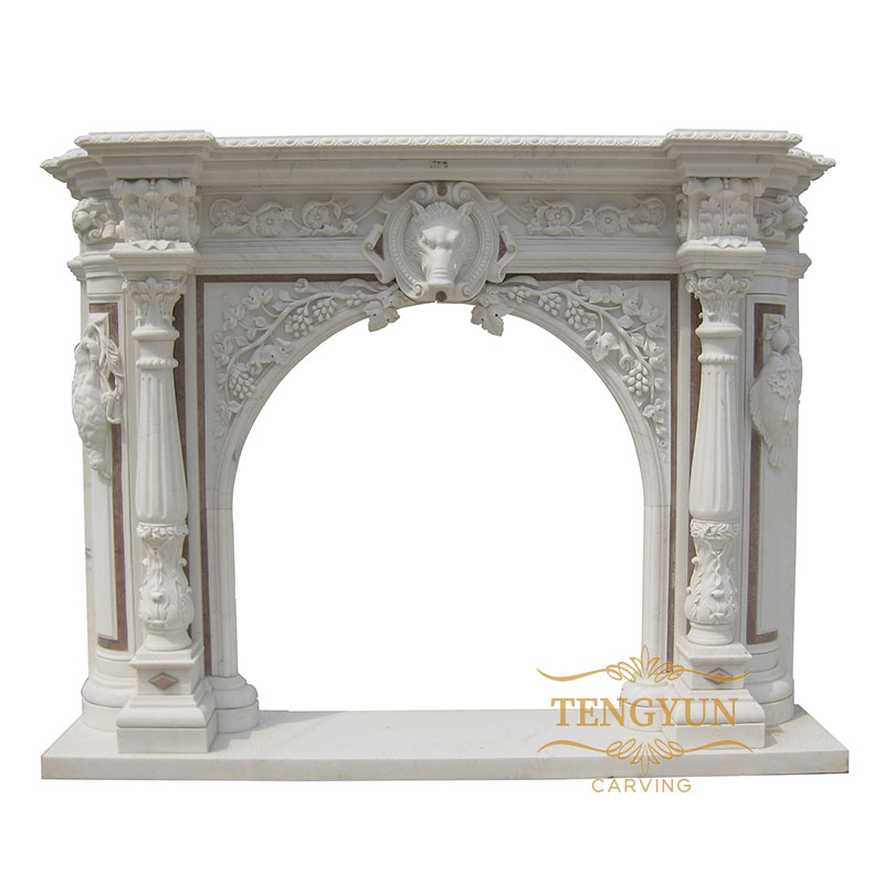 Continental cultured pillar carved marble fireplace mantel for sale (4)