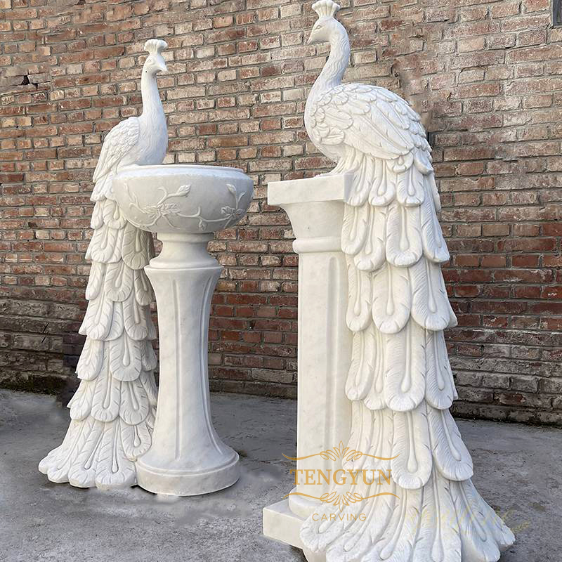 Garden outdoor decorative white marble peacock sculpture stone peafowl sculpture for sale (6)