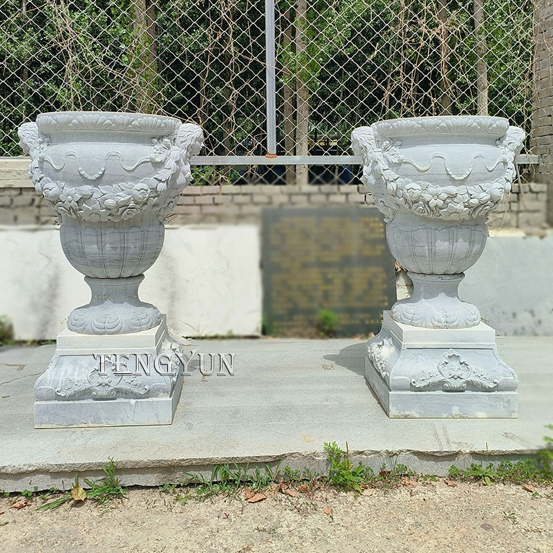 Grey marble carved pair of stone flower pots  (1)