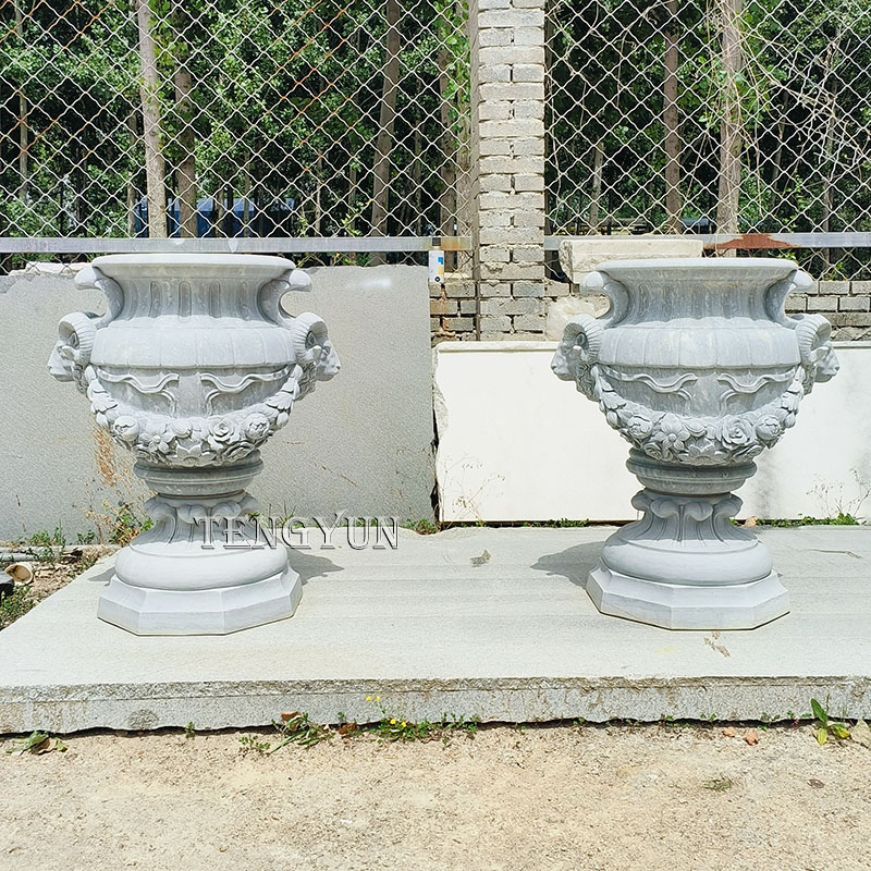 Grey marble carved pair of stone flower pots  (2)