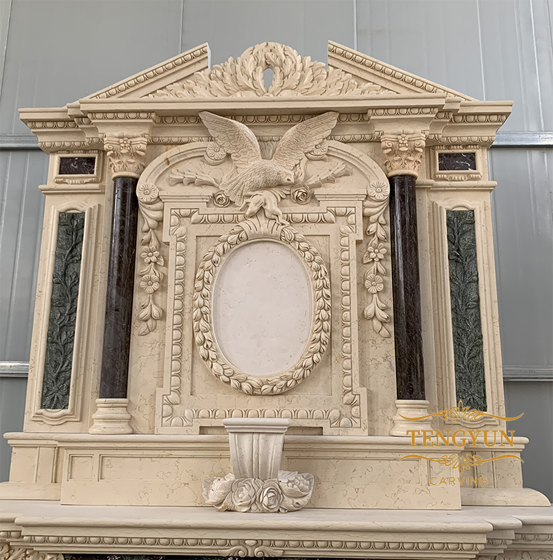 Large size cultured Egyptian beige marble decorative pillar carved double fireplace mantel with male statues (1)