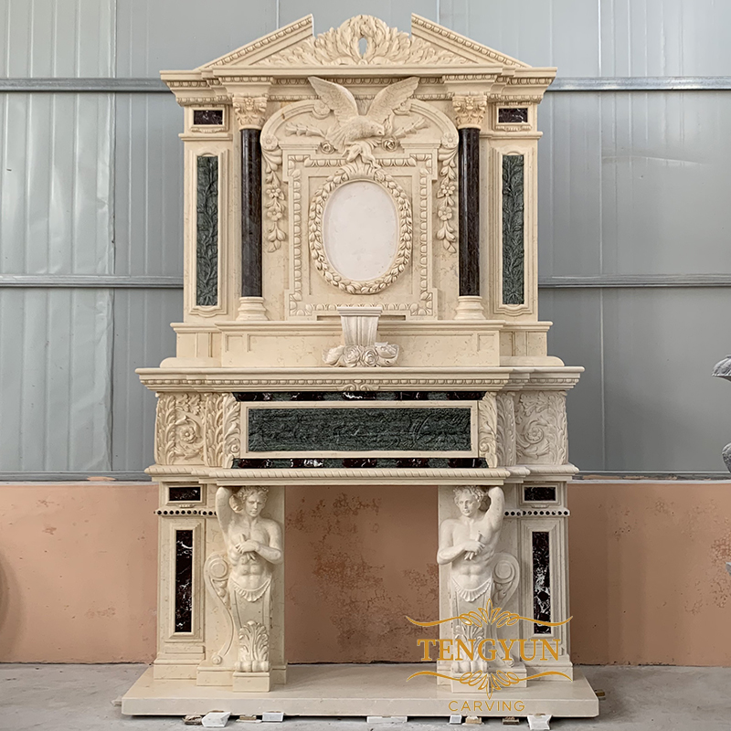 Large size cultured Egyptian beige marble decorative pillar carved double fireplace mantel with male statues (3)