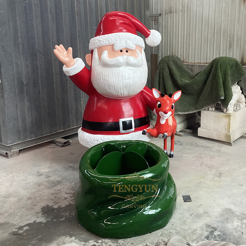 Large size fiberglass Santa Claus with his deer and Christmas bag sculpture (3)