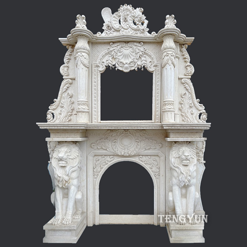 Marble fireplace two-layer fireplace mantel with lion sculptures for sale (5)