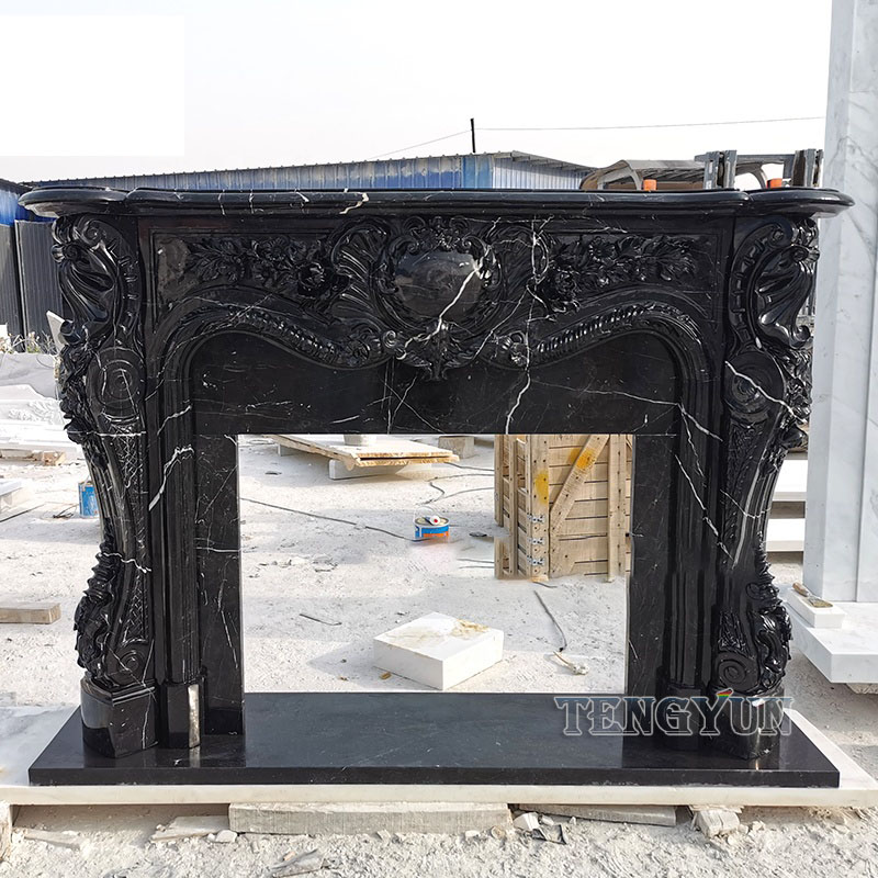 Modern Black Marble Column Fireplace Surround Mantel Stone Fireplace Shelf For Sale (5)