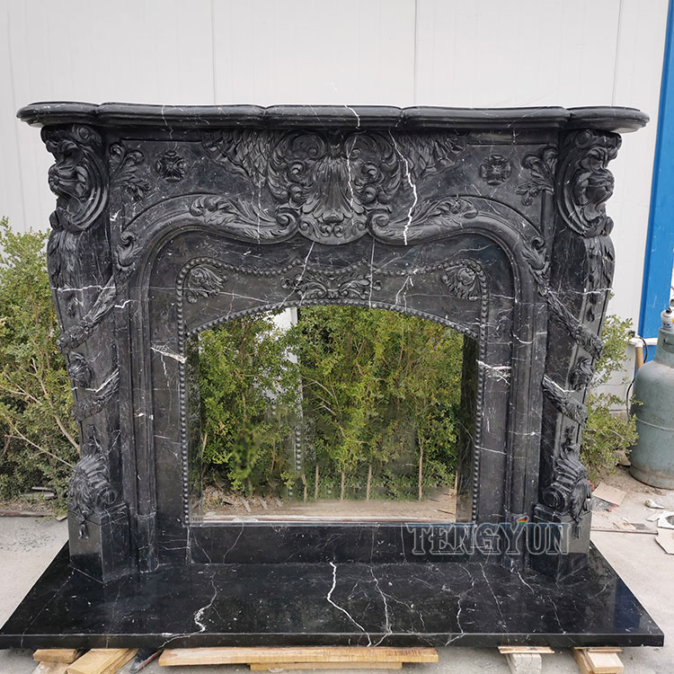 Modern Black Marble Column Fireplace Surround Mantel Stone Fireplace Shelf For Sale (7)