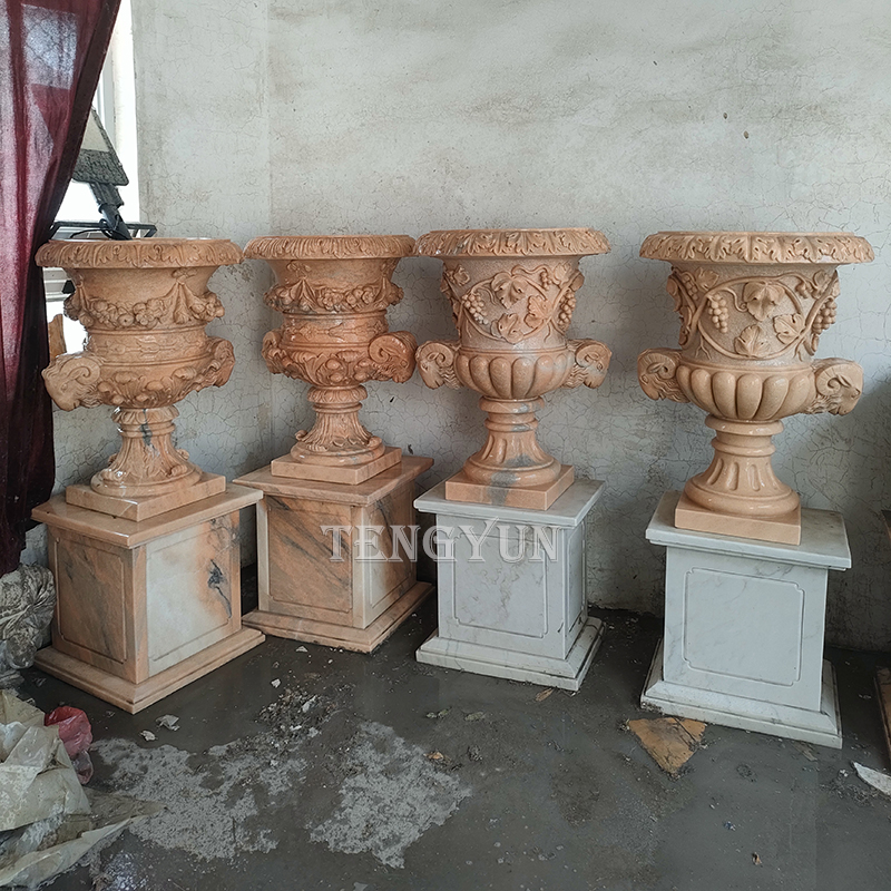 Natural sunset red marble carved large size stone flower pots for sale (1)