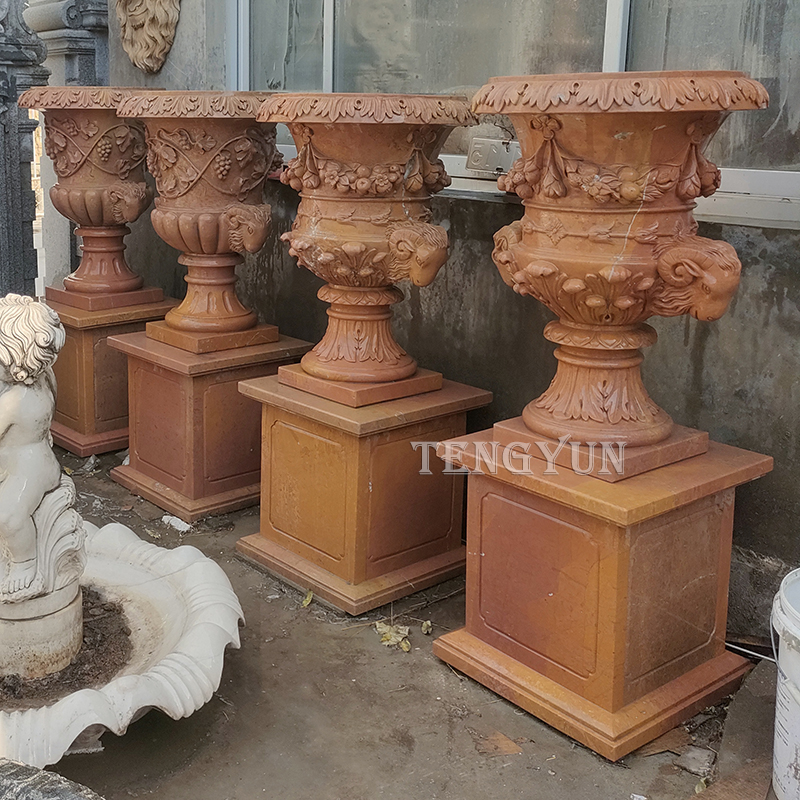 Natural sunset red marble carved large size stone flower pots for sale (3)