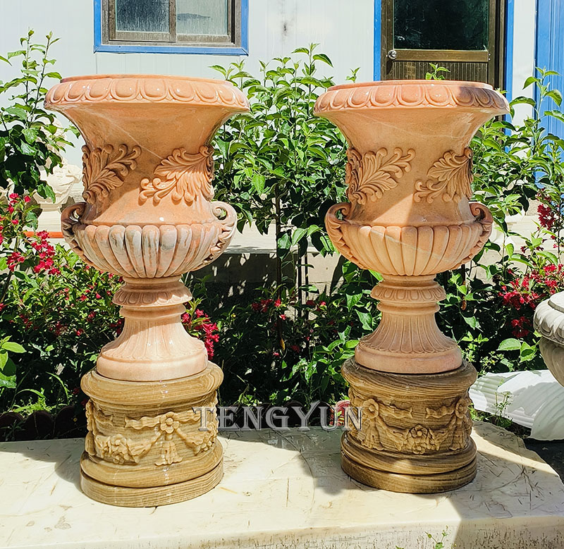 Natural sunset red marble pair of stone flower pots for sale