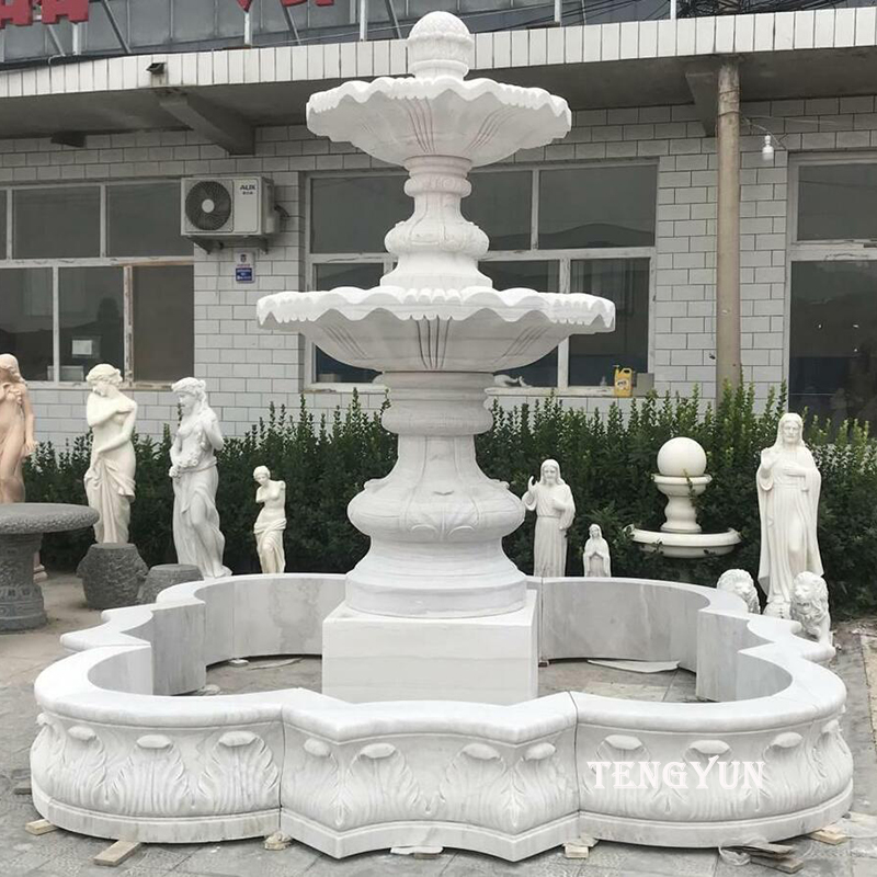 Natural white marble carved two tiers stone water fountain for sale