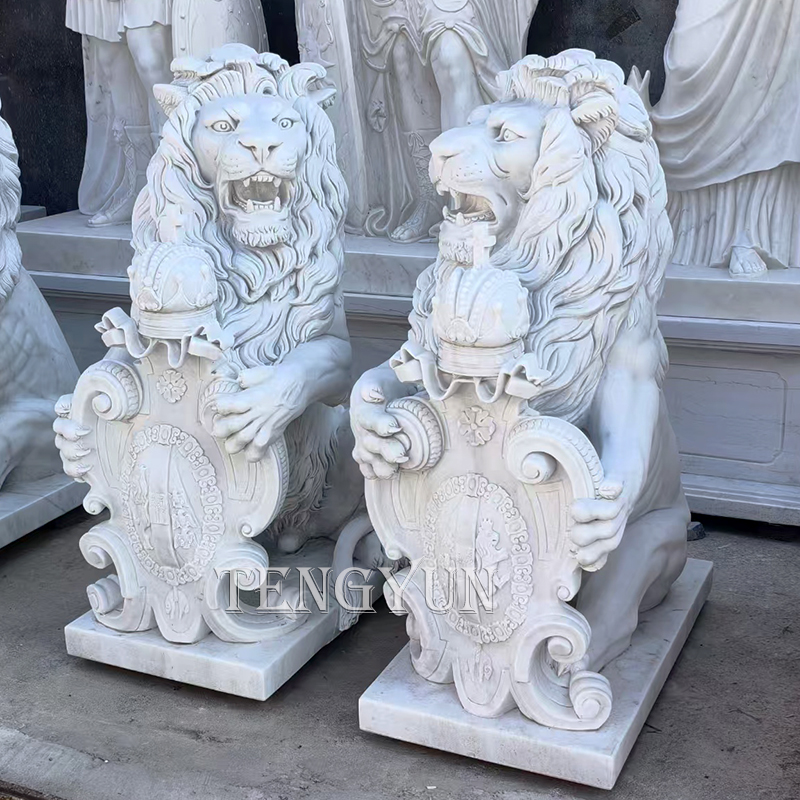 Pair of white marble carved lion sculpture (1)