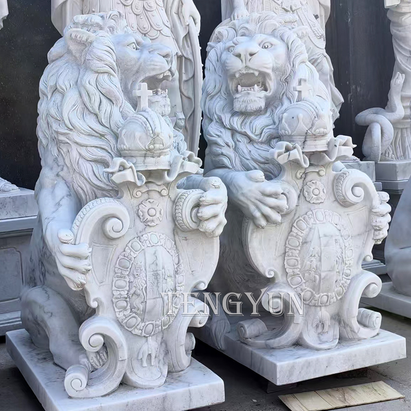 Pair of white marble carved lion sculpture (2)