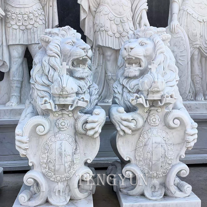 Pair of white marble carved lion sculpture (3)