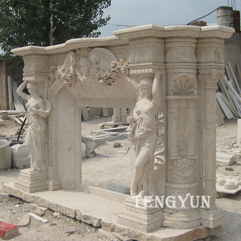 Travertine stone fireplace mantel with female statues (2)