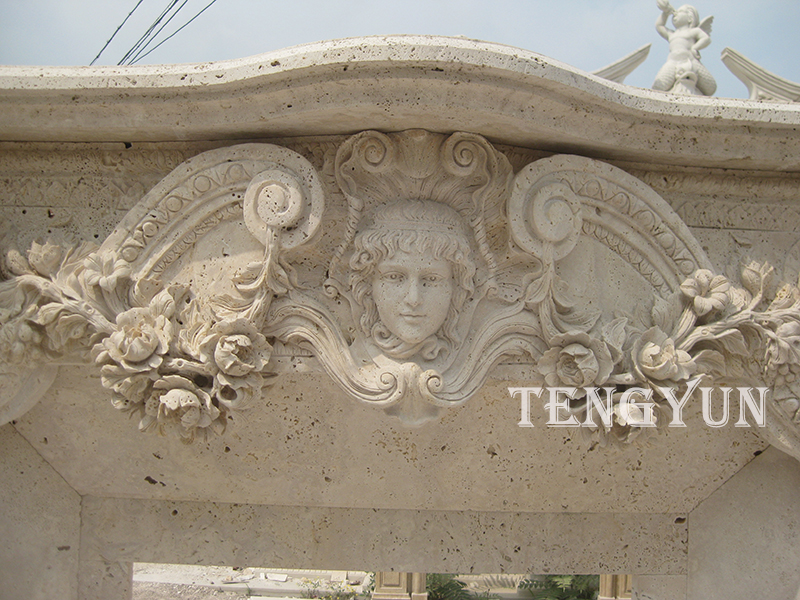 Travertine stone fireplace mantel with female statues (3)