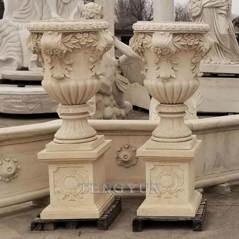 Yellow marble carved stone sculptural planters