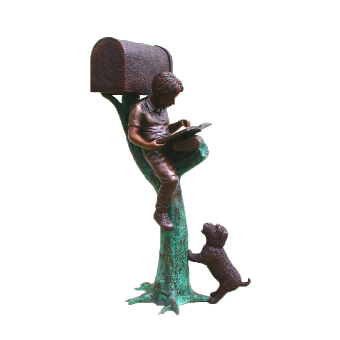 bronze boy reading statue with dog sculpture mailbox statue (2)