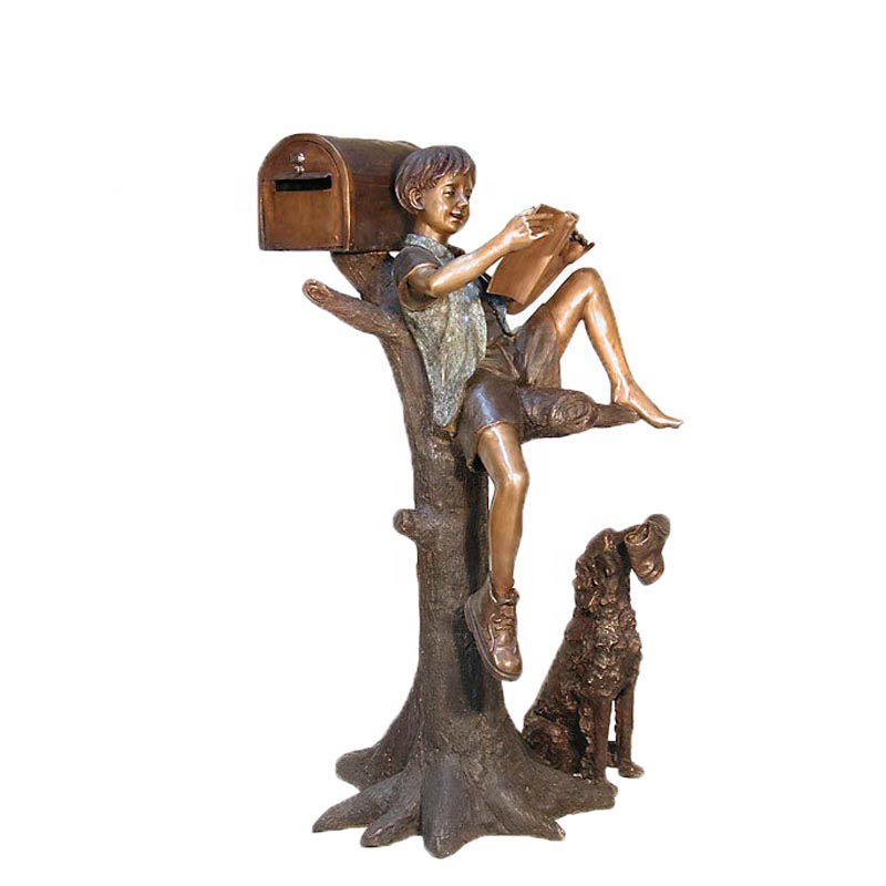 bronze boy reading statue with dog sculpture mailbox statue (3)