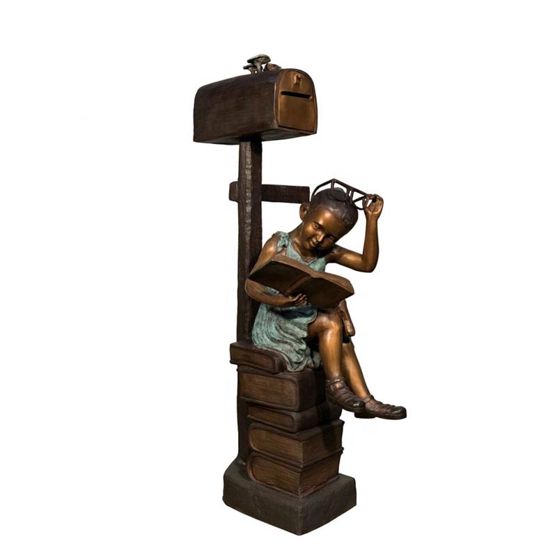 bronze carved life size girl reading staute mailbox (2)