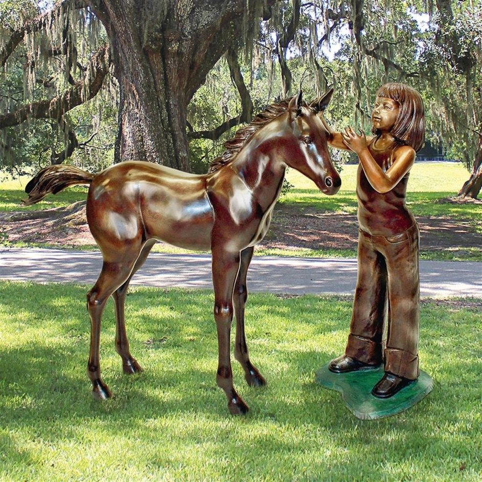 bronze child girl statue with foal sculpture