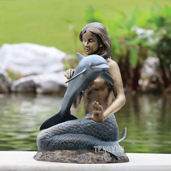 bronze female mermaid statue with dolphin sculpture (1)