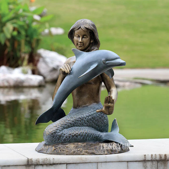 bronze female mermaid statue with dolphin sculpture (2)