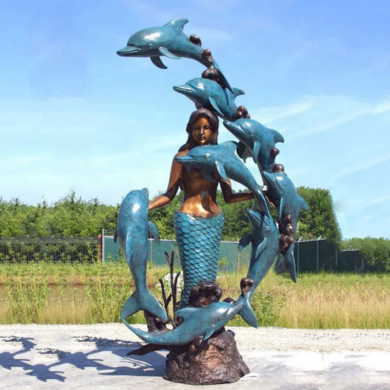 bronze mermaid statue with dolphin sculpture  (2)