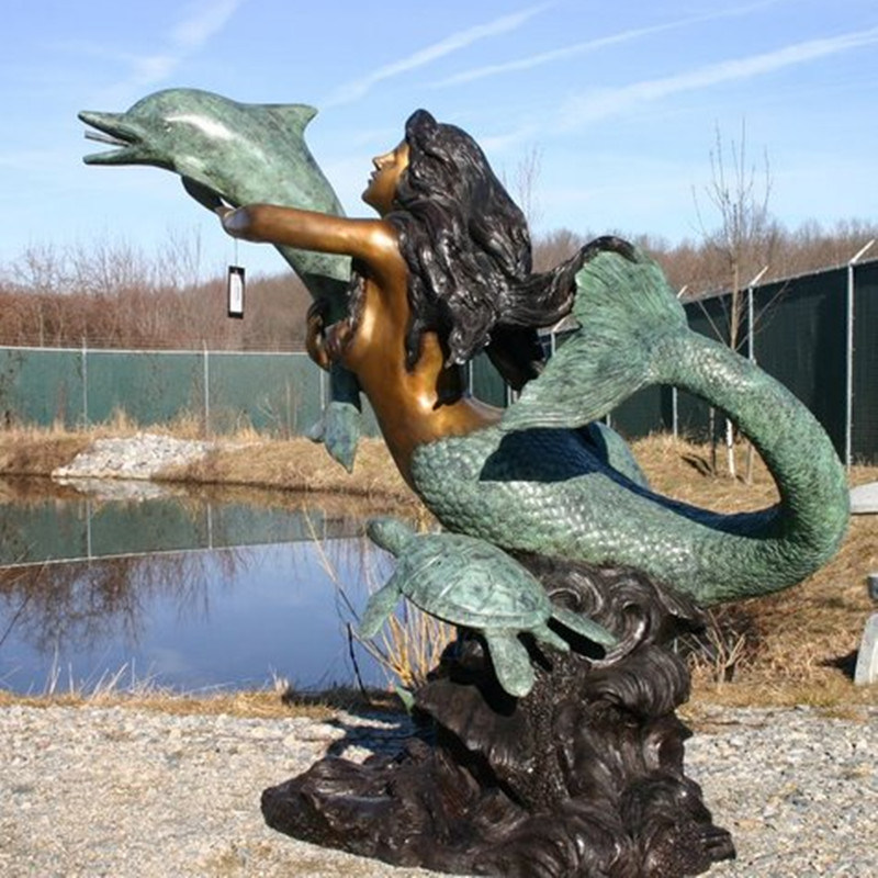 bronze mermaid statue with dolphin sculpture  (3)