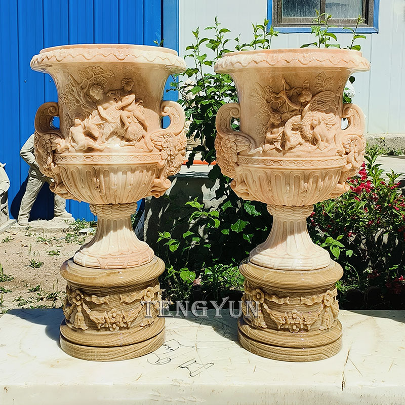 elegant sunset red marble carved flower pots with carvings