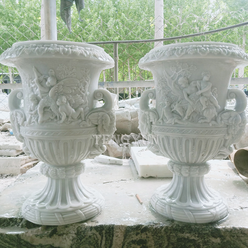 large size natural white marble carved flowerpots with figure carvings