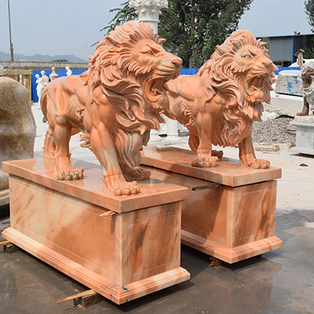 natural marble pair of roaring lion sculpture (1)