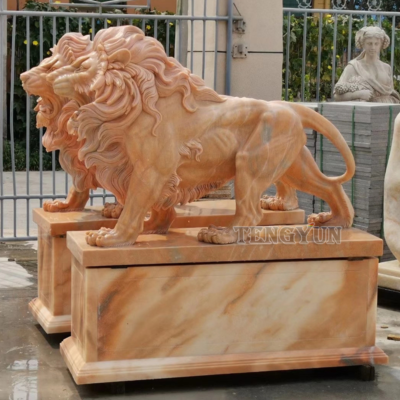 natural marble pair of roaring lion sculpture (2)