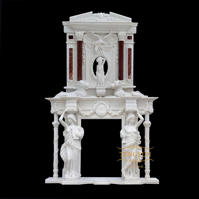 natural white marble hand carved two-story fireplace mantel