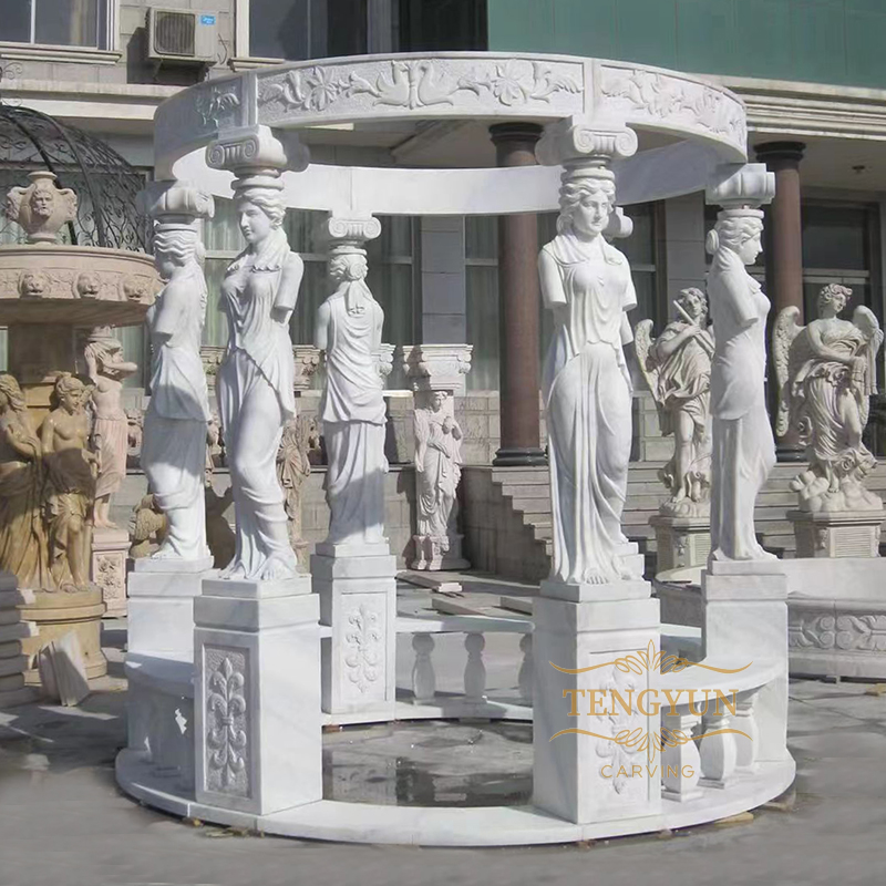 white marble gazebo with lady statues